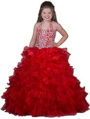 Toddler  Crystals Sequined Lace Crystal Floor Length Halter Organza  Ball Gown Pageant Dress/Party Dress 