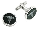 JJ Weston concentric edged onyx cufflinks with doctor medical or caduceus symbol with presentation box. Made in the USA