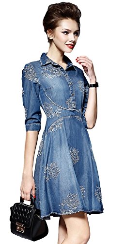 デニムワンピース チュニック 七分袖 花柄 レディースファッション カジュアル 大きいサイズ シンプル 美脚 スリム 春夏物 AT1576