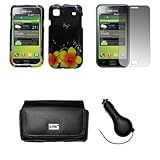 IMAGE OF EMPIRE Black Leather Case Pouch with Belt Clip and Belt Loops + Carbon Fiber Purple with Yellow Flowers Design Snap-On Cover Case + Mirror Screen Protector + Retractable Car Charger (CLA) for T-Mobile Samsung Vibrant T959