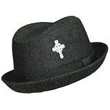 BLACK TURNED UP BRIM PORKPIE FEDORA W/ CROSS