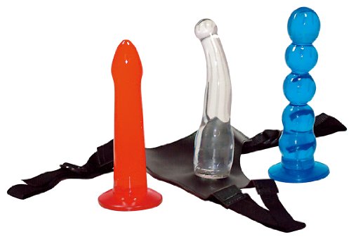 Produkt-Bild: Orion 522740 Strap-on! Colour, 4-tlg. Umschnall-Set: Ouvert-Slip mit drei Dildos aus Jelly-Gleitmaterial in Rot , Transparent und in Blau