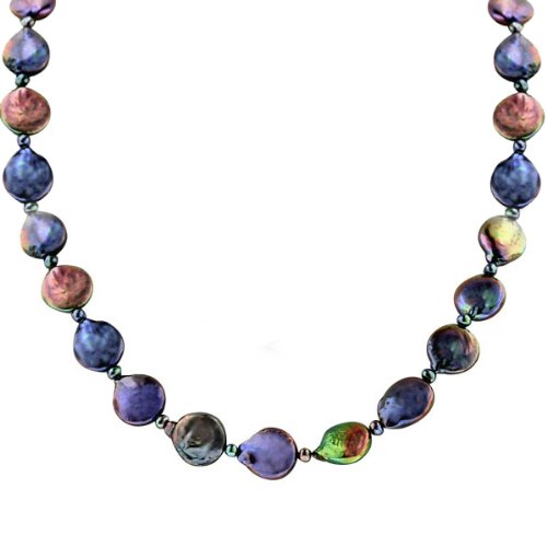 Sterling Silver Black Coin and Freshwater Cultured Pearl Necklace (3-12mm), 18+2 Extender