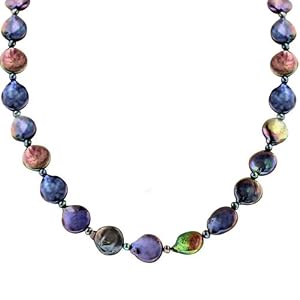Sterling Silver Black Coin and Freshwater Cultured Pearl Necklace (3-12mm),... by