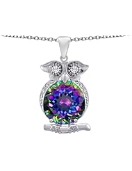 Original Star K (tm) Large 10mm Round Rainbow Mystic Topaz Good Luck Owl Pendant in 925 Sterling Silver