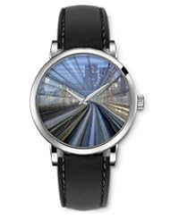 SPRAWL Aanalog Fashion Series Silver Ladies Watches of Genuine Black Leather Strap,Unique Wrist Watch for Women Girls Designed with Railroad tracks in the city