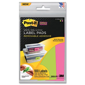New-Post-it 2900PG - Super Sticky Removable Label Pads, 1-7/8w x 2-7/8h, Limeade/Pink, 100/Pack - MMM2900PG