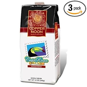 Copper Moon Costa Rican Coffee, Medium Roast, Whole Bean, 12-Ounce Bags (Pack of 3) by Copper Moon