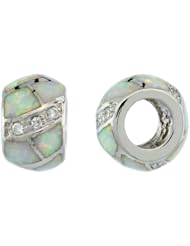 Sterling Silver White Synthetic Opal Inlay Barrel Bead Charm, 1/2 inch Diameter