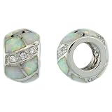 Sterling Silver Pandora Type Bead Barrel Pendant w/ White Lab Opal Inlay & CZ stones, 3/8 (9mm)