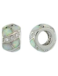 Sterling Silver Pandora Type Barrel Bead Charm w/ White Synthetic Opal Inlay & CZ stones, 3/8" (9mm)