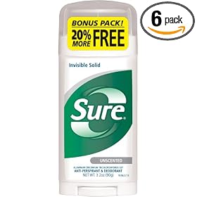 Sure Invisible Solid, Anti-Perspirant and Deodorant Bonus Size, Unscented, 3.2-Ounces (Pack of 6)