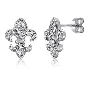 Sterling Silver Earrings Cubic Zirconia CZ Fleur De Lis Stud Post Earrings - Ideal Gift For Mother Day, Anniversary, Engagement, Wedding, Birthday, For Her