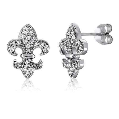 Sterling Silver Earrings Cubic Zirconia CZ Fleur De Lis Stud Post Earrings – Ideal Gift For Mother Day, Anniversary, Engagement, Wedding, Birthday, For Her