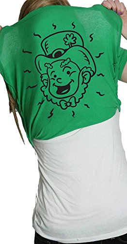 St Patricks Day Leprechaun Costume with Rainbow Suspenders Juniors Green Heather Tee (Large)