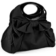 Classic Black Large Bowknot Ruffle Double Handle Leatherette Satchel Hobo Handbag w/Shoulder Strap