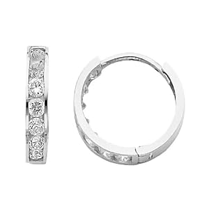 14K White Gold 7 Stone CZ Channel Set Medium Polished Hoop Huggies Earrings (0.5" or 13mm)