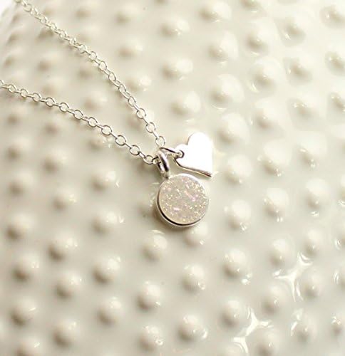 Tiny Rainbow Druzy Bezel Necklace with Heart... Entirely Sterling Silver and Natural Quartz Stone