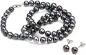 Orchira Black Near Round 6-7mm Knotted Pearl Necklace with Sterling Silver Lobster Clasp with Matching Silver Earring Studs