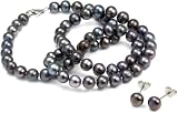 Bobijou Black Near Round 6 7mm Knotted Pearl Necklace With Sterling Silver Lobster Clasp With Matching Silver Earring Studs
