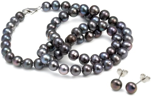 Orchira Black Near Round 6-7mm Knotted Pearl Necklace with Sterling Silver Lobster Clasp with Matching Silver Earring Studs