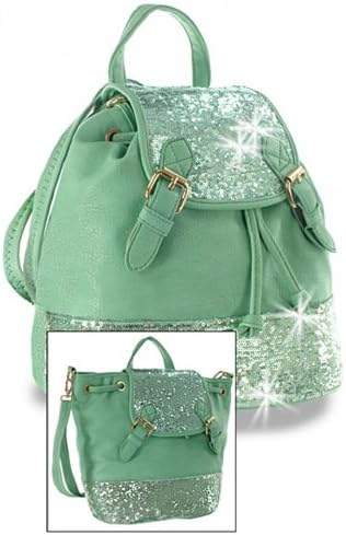 Mint Color Sparkling Sequined Convertible Backpack and Handbag Combination