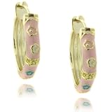 14k Gold Overlay Pink Enamel Multi Flower Design Children's Hoop Earrings