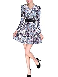 V-neck General Print Long Sleeves Puff Sleeves Ruched Cotton/Polyester Skater Dress 