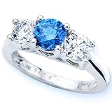 10K White Gold Round 3 Stone Blue Diamond & White Diamond Wedding Ring (1/4 ctw)