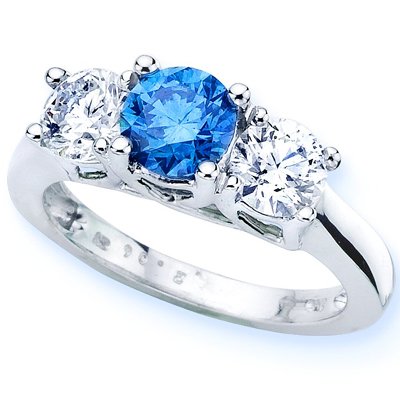 14K White Gold Round 3 Stone Blue Diamond & White Diamond Ring (1/2 ctw)