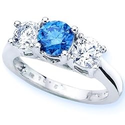 14K White Gold Round 3 Stone Blue Diamond and White Diamond Ring