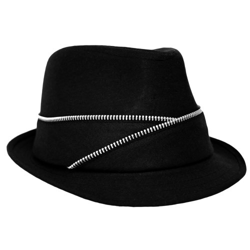 Black Cotton Fedora Hat With Abstract Zipper Trim