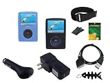 iShoppingdeals - Black/Blue Silicone Soft Case With Armband and Beltclip + USB Car Charger + USB Wall Charger + USB Cable + Screen Protector + Fishbone Keychain for Sandisk Sansa Fuze 2GB 4GB 8GB