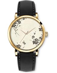 SPRAWL Aanalog Fashion Series Gold Ladies Watches of Genuine Black Leather Strap,Unique Wrist Watch for Women Girls Designed with Floral Pattern