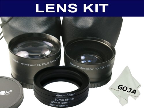 10 Pcs KIT, Includes: 2.0X Telephoto + 0.45X Wide Angle Lens Set Fits 58MM 52MM 49MM 46M + Rings (46, 49, 52, 55MM) + Caps + Bags + 1 Microfiber Cleaning Cloth GOJA Logo