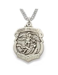 .925 Sterling Silver Shield St. Michael the Archangel Protection Medal Pendant, Patron of Police Officers Military Jewelry Police Religious Jewelry Gift Boxed w/Chain Necklace 20" Length Gift Boxed