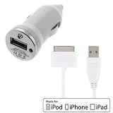EZOPower White USB Sync Transfer Data Cable + White USB Mini Car Charger Adapter for Apple IPOD/ IPhone 4 4S 4G 4GS, iPhone 3G 3GS, Nano, Classic, Video, Touch