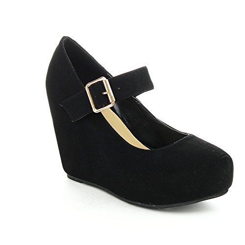 PAZZLE ARIA-03 Women's Ankle Strap Almond Toe Platform Wedge Heels Shoes,BLACK,9