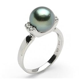 Tahitian Black Pearl Ring with Diamond in 14K White Gold by Maui Divers of Hawaii