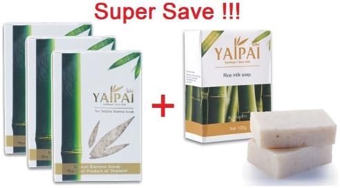 Yaipai : Original Bamboo Facial Scrubber Natural Bamboo Scrub 3 Pcs. + Rice Milk Soap 100 g. 3 Bars The Best Product of Thailand