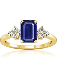 18K Yellow Gold Emerald Cut Blue Sapphire Ring With Sidestones