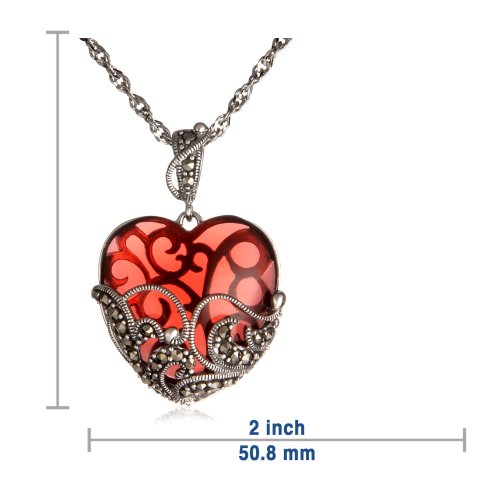 Sterling Silver Marcasite & Garnet Glass Heart Pendant, 18