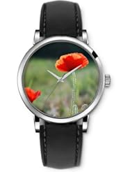 SPRAWL Aanalog Fashion Series Silver Ladies Watches of Genuine Black Leather Strap,Unique Wrist Watch for Women Girls Designed with orange Flowers