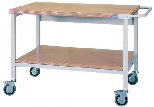 Fahrbarer Arbeitstisch mit 2 Buche-Multiplexplatten