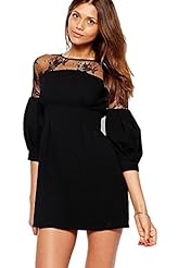 Polyester/Spandex Lace Puff Sleeves Mini Dress 