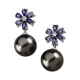 14K White Gold 1/10 ct. Diamond 5 x 3 MM Pear Shaped Tanzanite and Tahitian Cultured Pearl Earrings