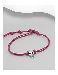 Deep Pink Skull Leather Bracelet In 92.5 Sterling Silver