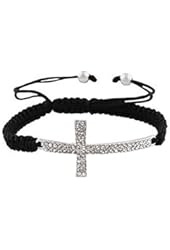 2 Pieces of Black with Silvertone Sideways Cross Adjustable Bracelet