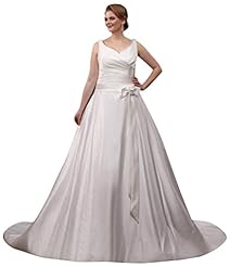 Plus Size V-neck Empire   Waistline Crystal Beaded  Ruched Satin Wedding Dress  with a Brush/Sweep Train  With a Bow(s) and a Sash 