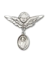 Sterling Silver Baby Badge with St. Dennis Charm and Angel with Wings Badge Pin